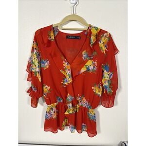 LAUREN Ralph Lauren Women's Ruffle Trim Top Blouse S Sheer Balloon Sleeve